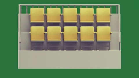 A green screen with bunch of yellow chairs and row on background stairs it Stock Footage 335937579