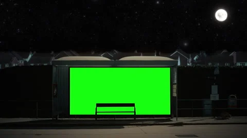 Green Screen Bus Stop Advertising Panel Under Moonlight Starry Night Sky Stock Footage 342220273