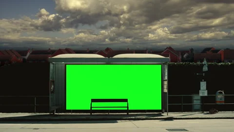 Green Screen Bus Stop Advertising Panel in Residential Street Stockbeeldmateriaal 342241080