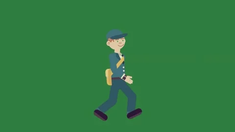 A green screen with cartoon character on it and man in blue uniform walking Stock Footage 335691589