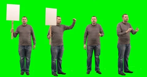 GREEN SCREEN Caucasian man posing as a strike participant, holding a sign Stock Footage 121593885