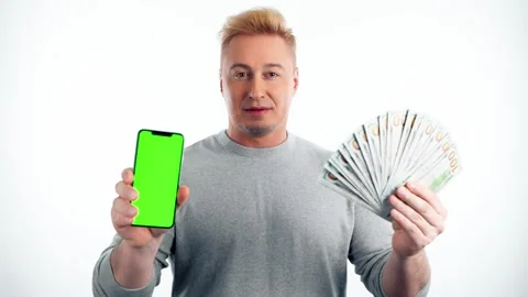 Green screen, chroma key, dollars, money cash and man with phone for product pla Stock-Footage 241262311
