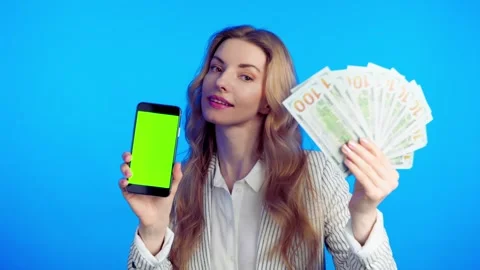 Green screen, chroma key, dollars, money cash and businesswoman with phone for p Stock Footage 244868223