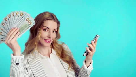 Green screen, chroma key, dollars, money cash and woman with phone for product p Stock Footage 247460692