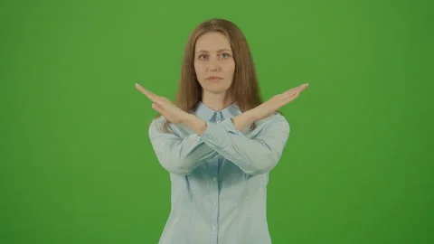 Green Screen. Chroma Key. Enough Gesture. Refusal No. Female Protest. Stock Footage 220666516