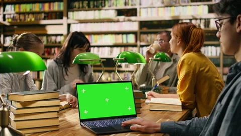 Green screen chroma key on laptop near students at group learning session Stock Footage 336359415