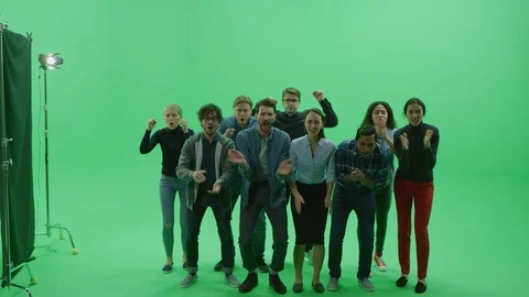 Green Screen Chroma Key Studio: Diverse Crowd of Multi-Ethnic Fans Cheering Stock Footage 129402798