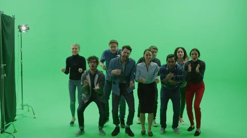 Green Screen Chroma Key Studio Diverse Crowd of Multi-Ethnic Fans Cheering Stock Footage 129403997