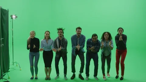 Green Screen Chroma Key Studio Diverse Crowd of Multi-Ethnic Fans Cheering Stock Footage 129404388
