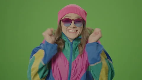 Green Screen. Chroma Key. Surprised Girl of 80-90's Style Cover Face with Hands Stock Footage 236119041