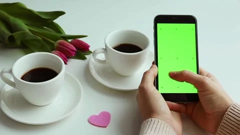 Green screen chroma key tulips two coffee cups spring holidays Valentines day Stock Footage 258857910