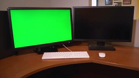 Green Screen Computer Desk Left Monitor Video stock 147792353