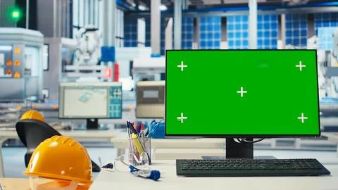 Green screen computer in empty photovoltaics factory used to improve efficiency 스톡 사진