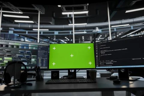 Green screen computer monitors in empty data center Foto stock