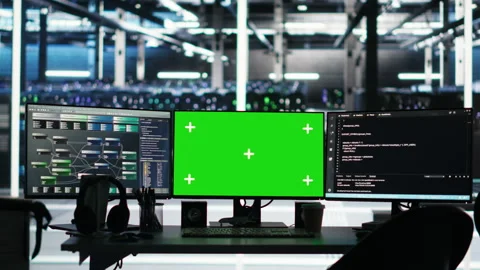 Green screen computers in data center managing energy consumption Stock Footage 307033819