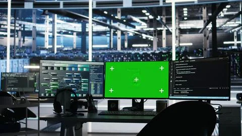 Green screen computers in data center managing energy consumption Foto stock