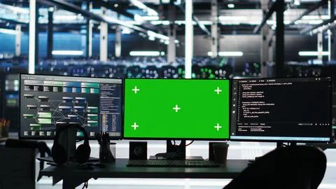 Green screen computers in data center managing energy consumption Stock Photos
