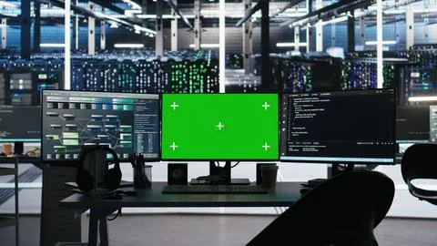 Green screen computers in data center managing energy consumption Stock Photos