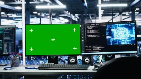 Green screen computers in data center supporting AI training workflows Stock Photos