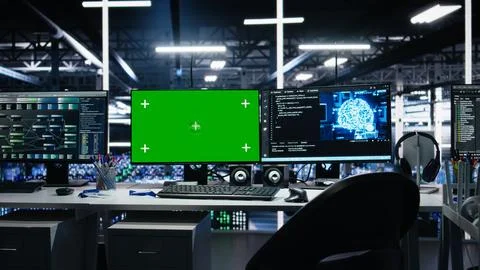 Green screen computers in data center supporting AI training workflows Stock Photos