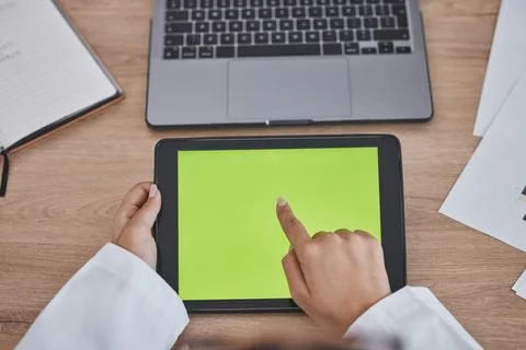 Green screen, data analysis or doctors hands on tablet for medical research Foto stock