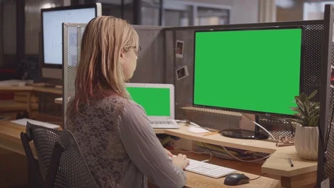 Green Screen Desktop Computer Screen Chroma Background Woman at Office Monitor Stock Footage 107532511