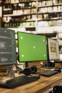 Green screen desktop with multiple monitors showing interfaces in library Stock Photos