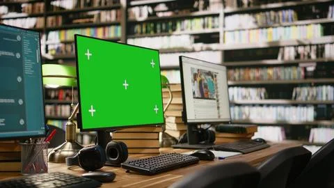 Green screen desktop with multiple monitors showing interfaces in library 写真素材