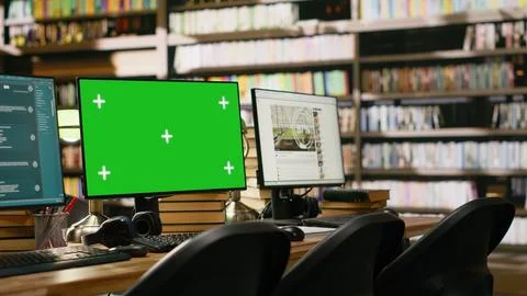 Green screen desktop with multiple monitors showing interfaces in library Stock Photos