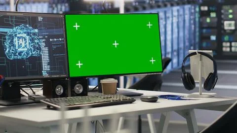 Green screen desktop PC set up in data center overseeing server infrastructure Stock Photos