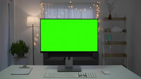 Green screen desktop set on table. Empty living room with modern chroma key gree Stock Footage 170589704
