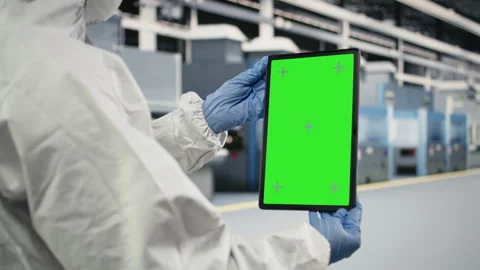 Green screen device used by engineer in semiconductor production plant floor Stock Footage 333394076
