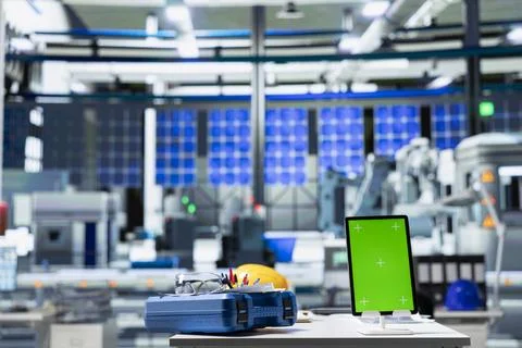 Green screen display on computer used to help in photovoltaics factory Stock Photos