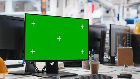 Green screen display on computer used to help in photovoltaics factory Stock Photos