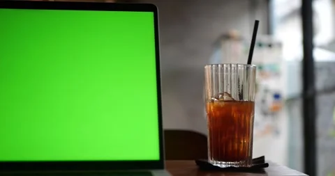 Green Screen Display PC at Desk in Cafe And Coffee. Stock Footage 279820793