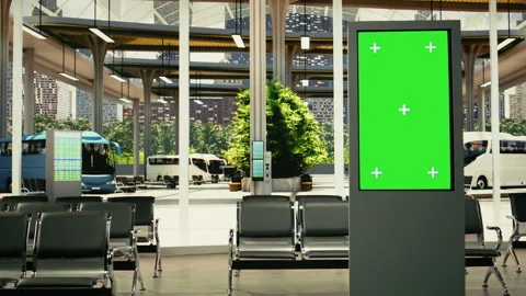 Green screen in empty urban transportation hub with timetable board Stock Footage 334720608