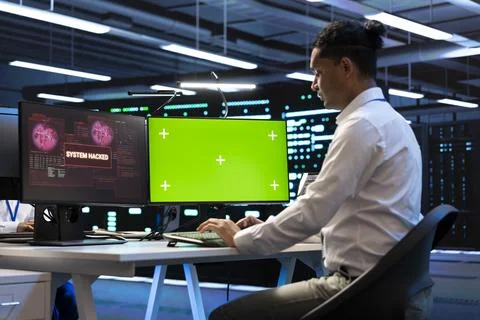 Green screen, engineer and system hacked interface in data center 스톡 사진