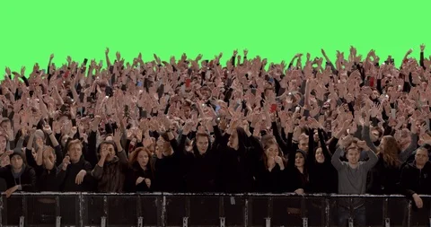 GREEN SCREEN Front view huge crowd dancing and cheering behind control barrier Stock Footage 125850630