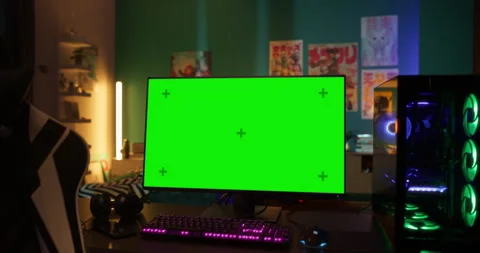 Green Screen Gaming Computer at Home Stock Footage 320884263