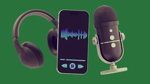 Green screen an headphones next to microphone microphone, smartphone phone Stock Footage 335980141