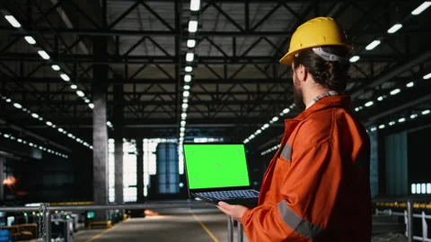 Green screen, isolated laptop, engineer man, production line Stock Footage 330440728