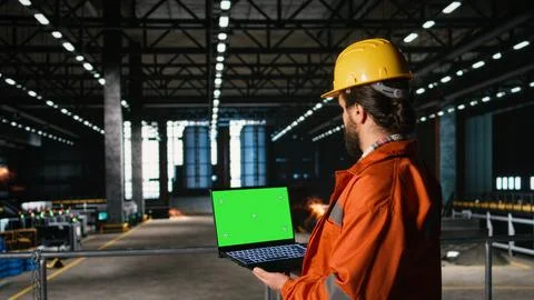 Green screen, isolated laptop, engineer man, production line Stock Photos