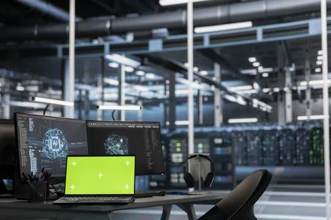 Green screen laptop and computer in data center overseeing server racks 스톡 사진