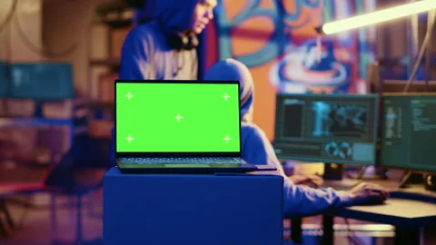 Green screen laptop in bunker Stock Footage 256113826