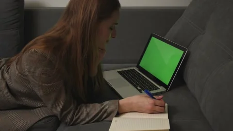 Green screen laptop computer concept: online distance education, video call Video stock 150280654