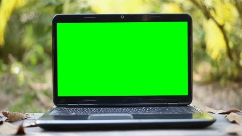 Green screen of laptop computer set on wood table in garden. Stock Footage 101211339