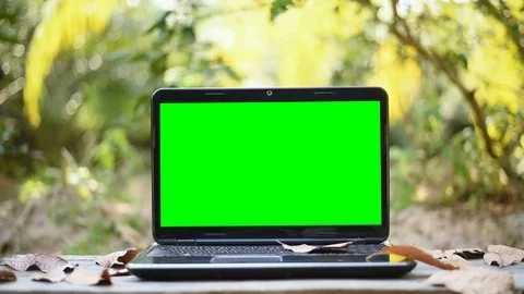 Green screen of laptop computer set on wood table in garden. Stock Footage 101718752