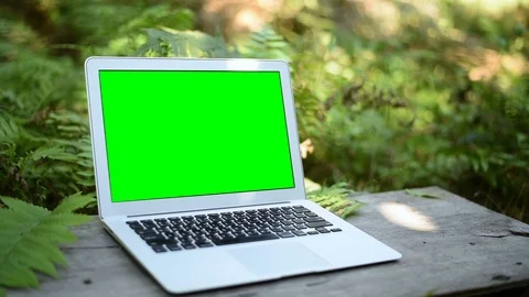 Green screen of laptop computer set on wood table in garden. Stock Footage 101866079
