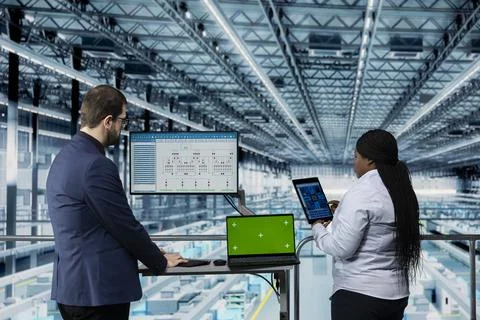 Green screen laptop, designing microchip layout and hardware developers Stock Photos