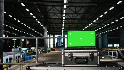 Green screen laptop in empty large-scale engineering plant 스톡 사진